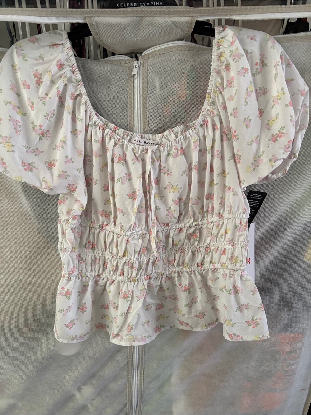 Celebrity Pink White Floral Puff-Sleeve Peplum Blouse